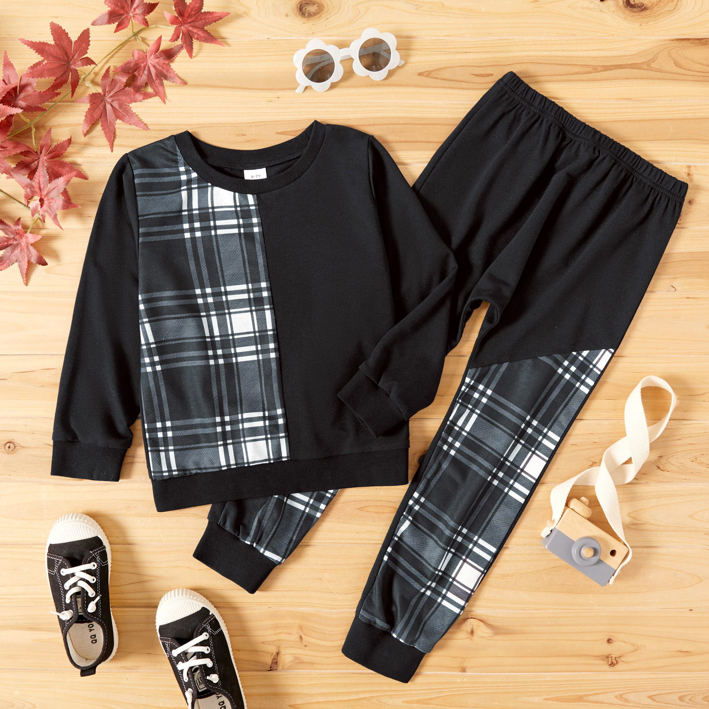 

2-piece Kid Boy Plaid Colorblock Pullover Sweatshirt and Pants Casual Set