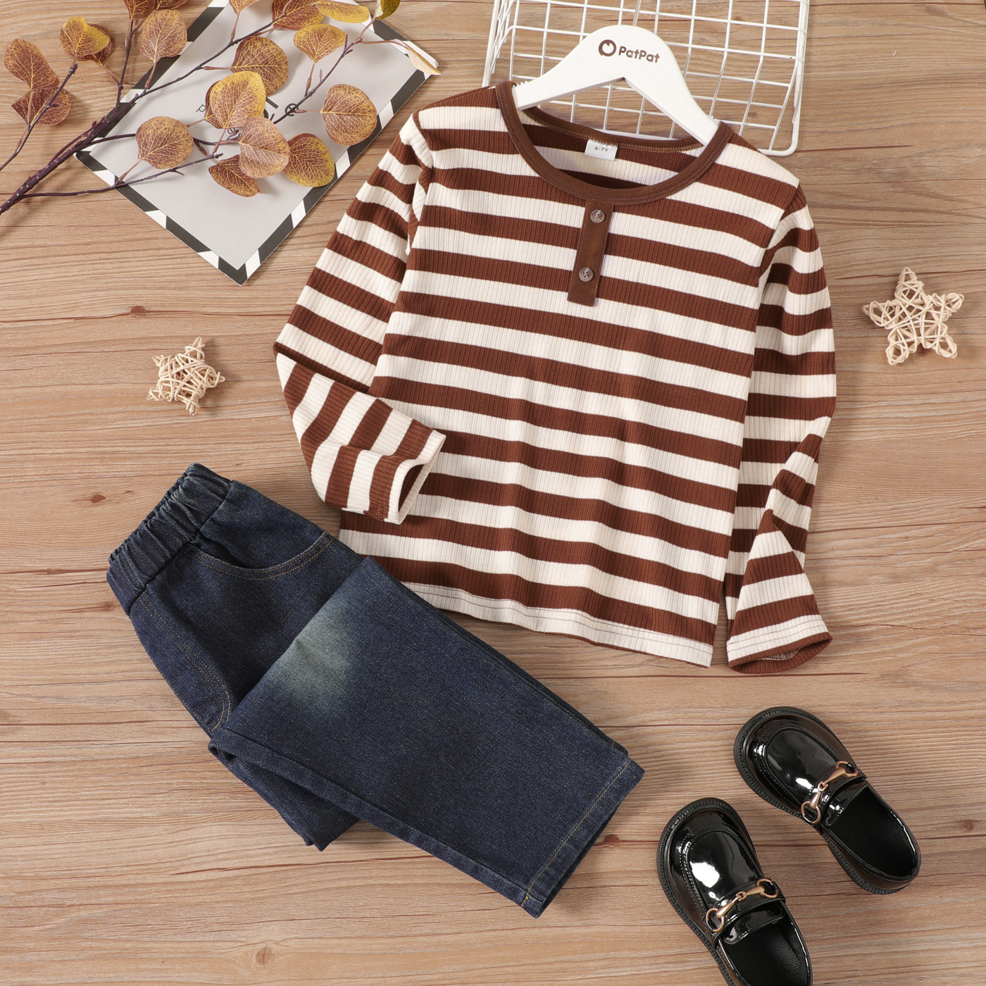 

2-piece Kid Boy Stripe Long-sleeve Tee and Denim Jeans Casual Set