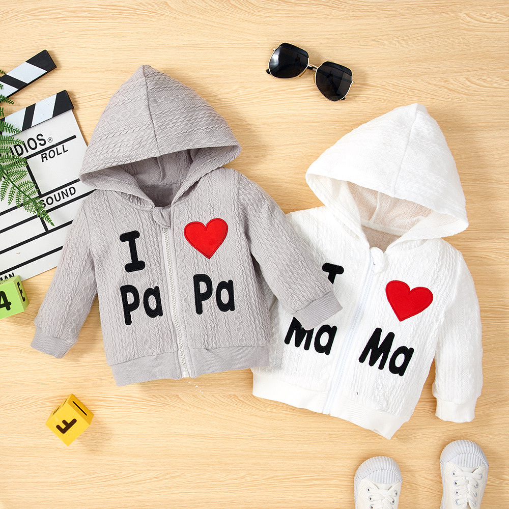 

Baby Girl/Boy Letter Heart Embroidered Cable Knit Textured Hooded Jacket