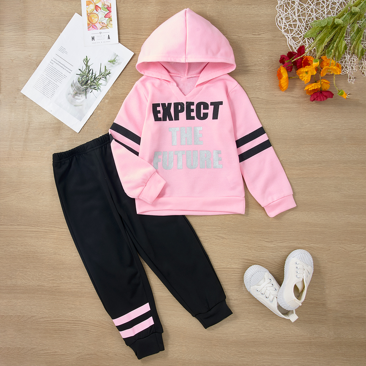 

2-piece Kid Girl Letter Print Striped Hoodie Sweatshirt and Pants Casual Set