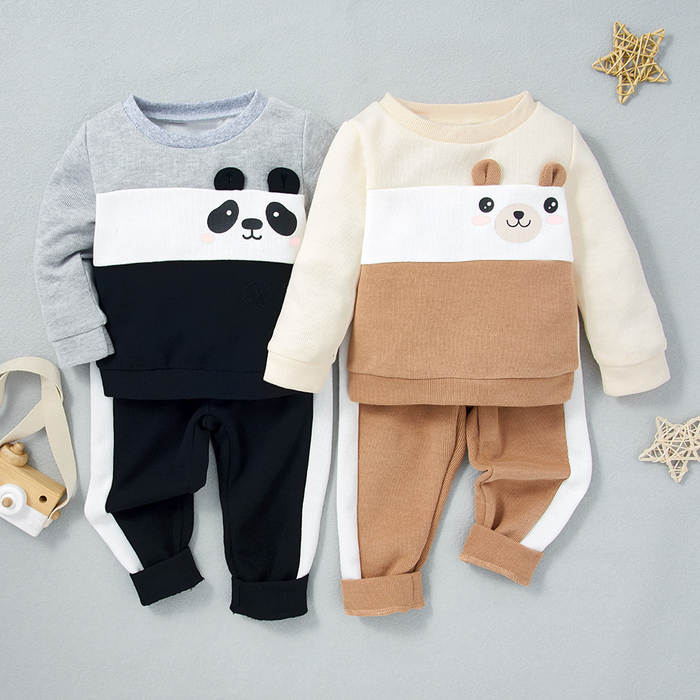 

2pcs Baby Boy Cartoon Animal Print Colorblock Long-sleeve Sportswear Top and Trousers Set