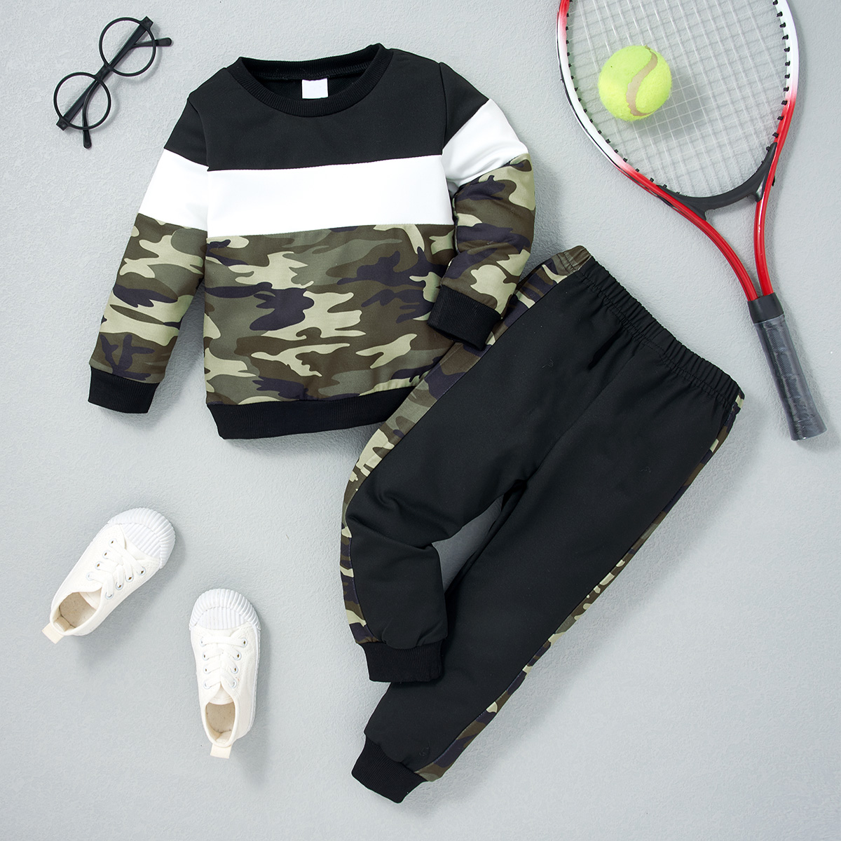 

2-piece Toddler Boy Camouflage Print Colorblock Long-sleeve Top and Pants Casual Set