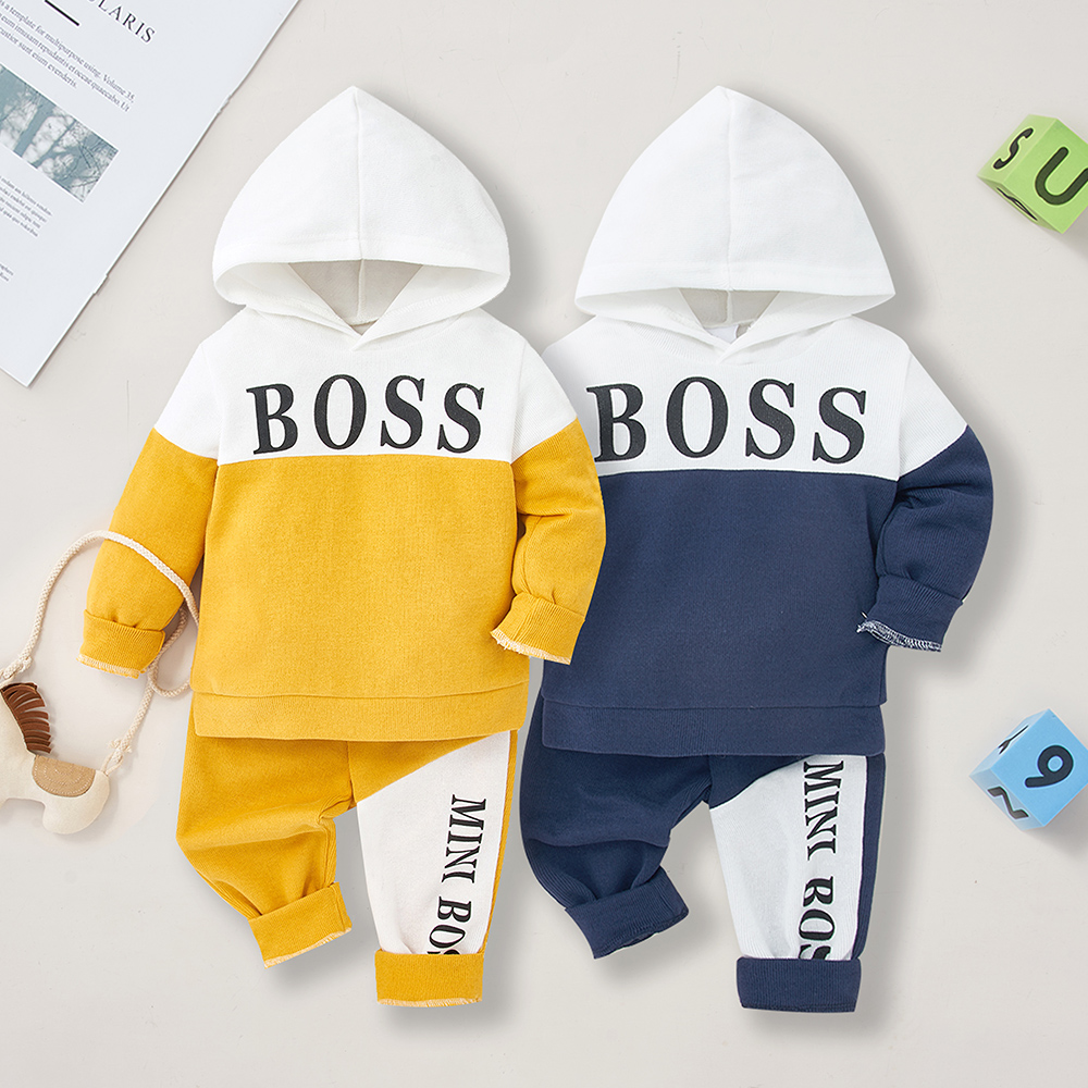

2pcs Baby Boy Letter Print Colorblock Long-sleeve Hoodie and Trousers Set