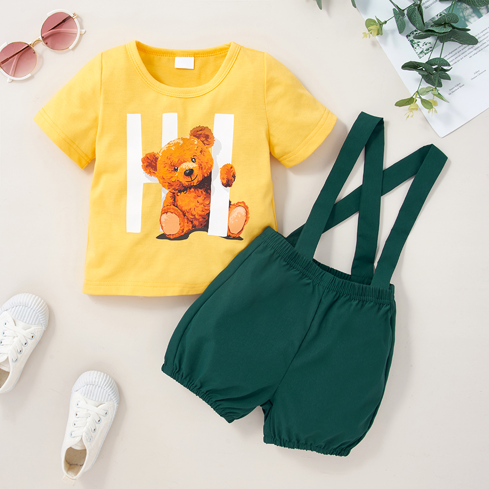 

2pcs Baby Boy Cartoon Bear Print Short-sleeve T-shirt and Solid Overalls Shorts Set
