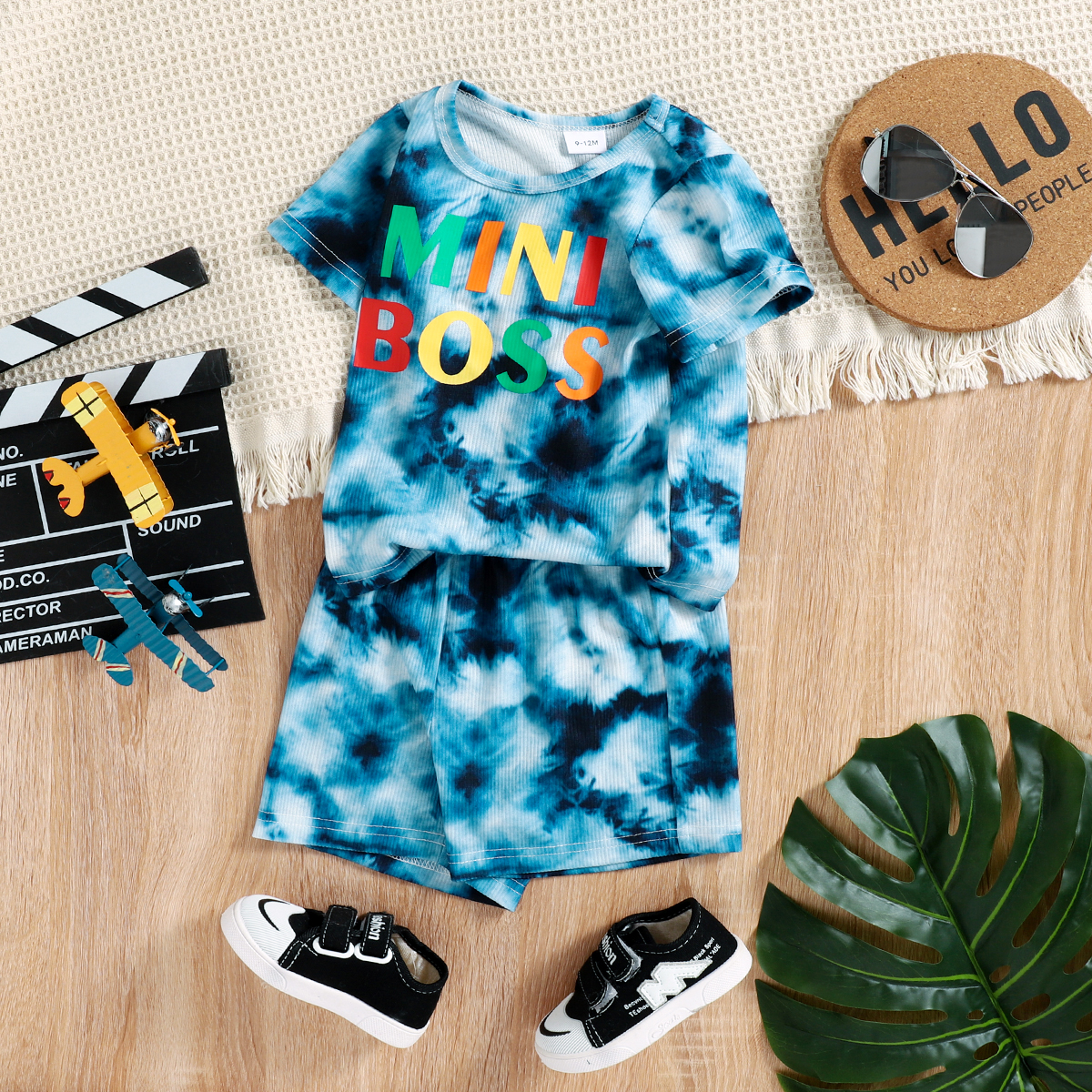 

2pcs Baby Boy Letter Print Blue Tie Dye Short-sleeve T-shirt and Shorts Set