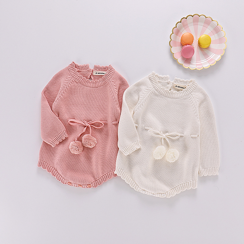 

Baby Girl Solid Knitted Style Pompom Decor Long-sleeve Romper