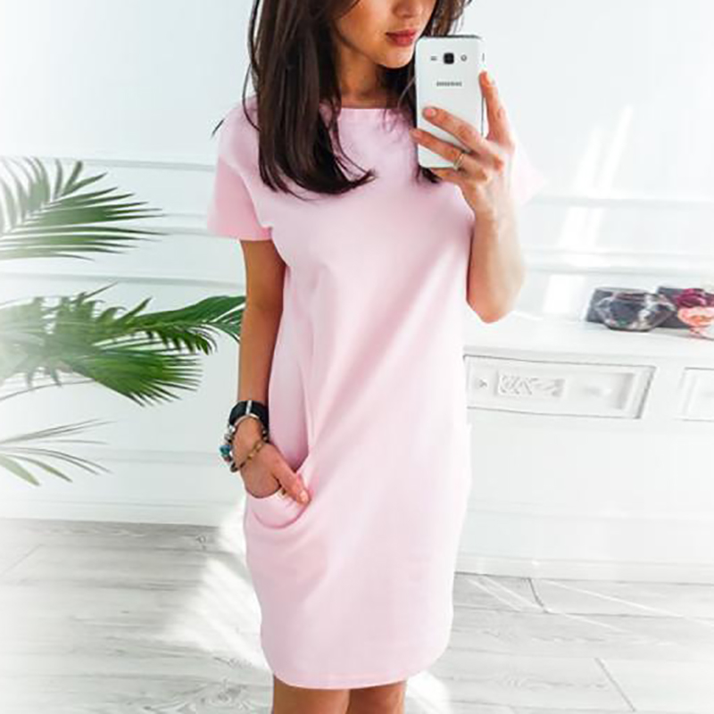 

Trendy Solid Pocket Design Short-sleeve Dress