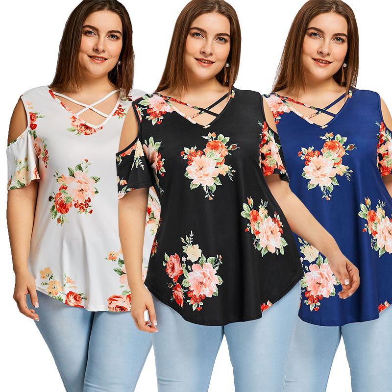 

Beautiful V Neck Cold Shoulder Floral Plus-size Tee