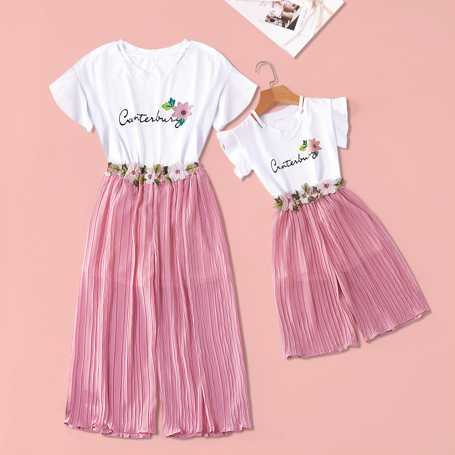 

Floral Letter Print Tee and Pants Matching Set