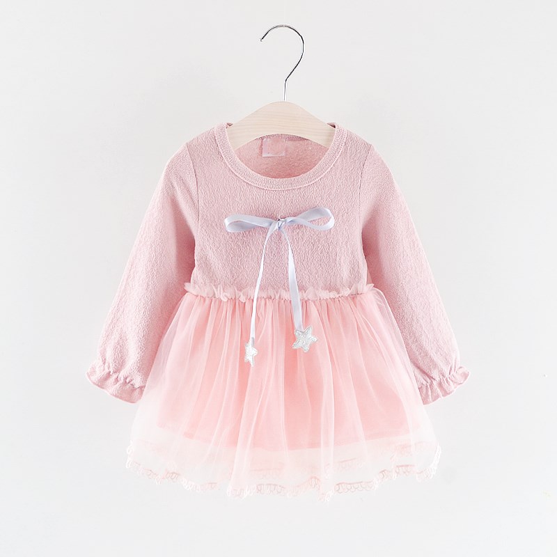 

Baby Girl Bow Decor Solid Mesh Splice Long-sleeve Dress