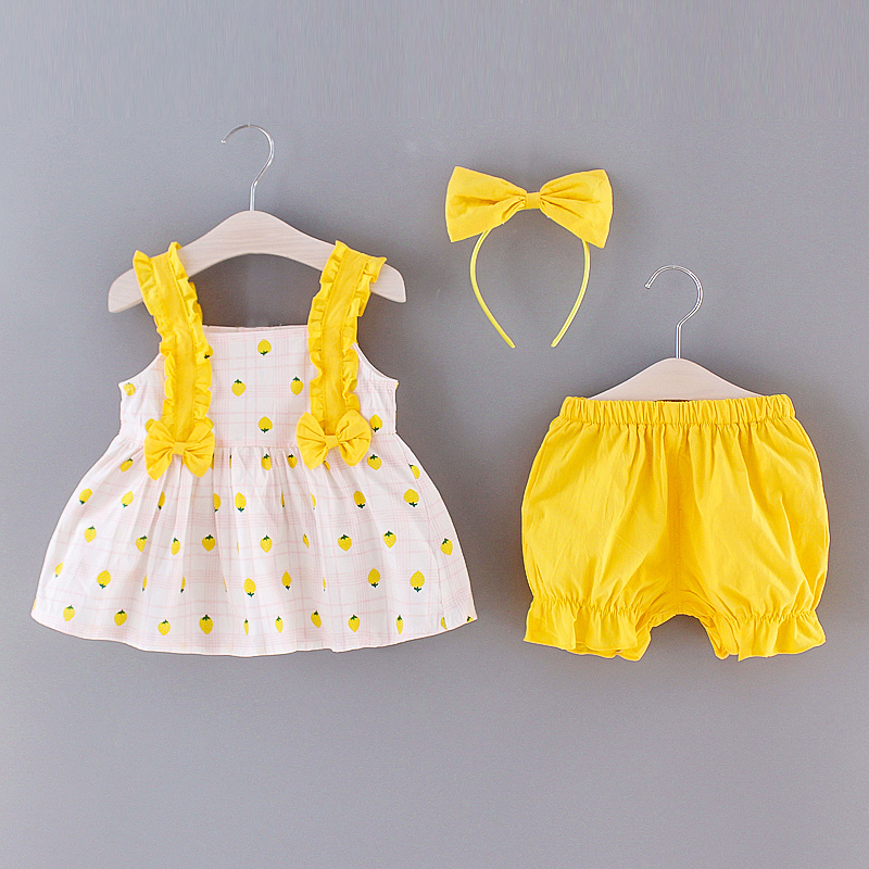 

3-piece Baby Strappy Dresses, Solid Shorts and Hairband Set