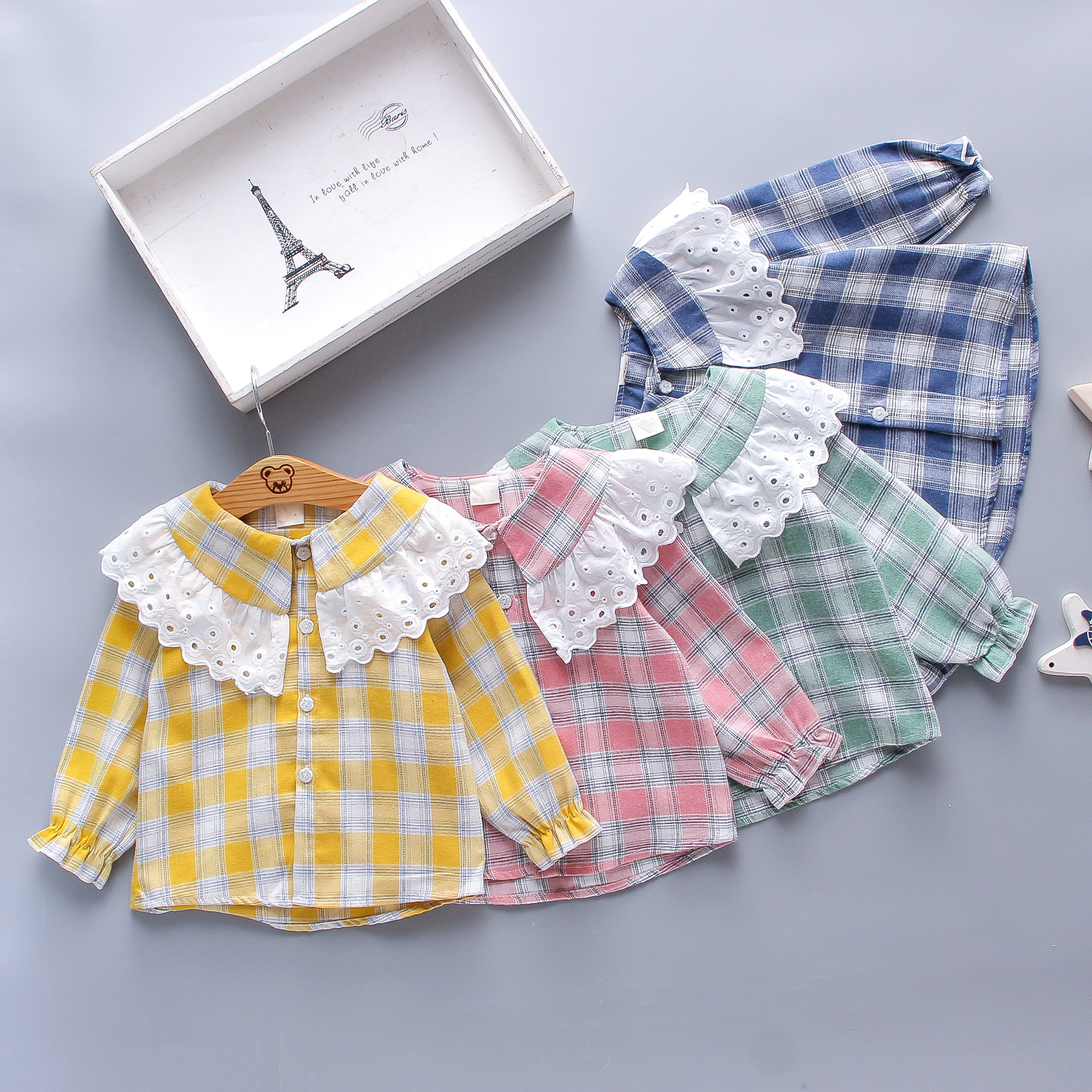 

1pc Baby Girl Long-sleeve Cotton Sweet Plaid Shirt & Smock