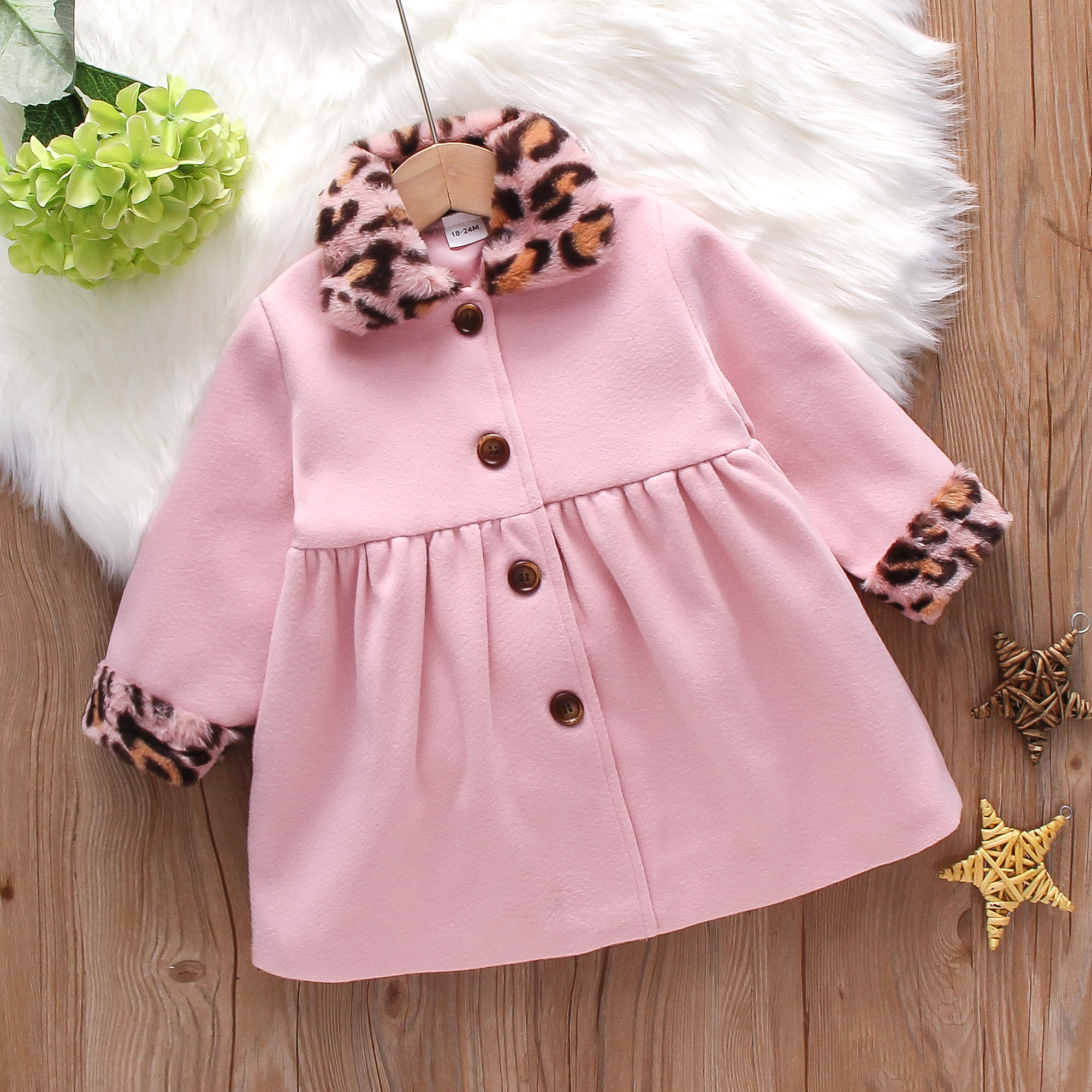 

Toddler Girl Leopard Print Fuzzy Lapel Collar Collar Button Design Pink Coat
