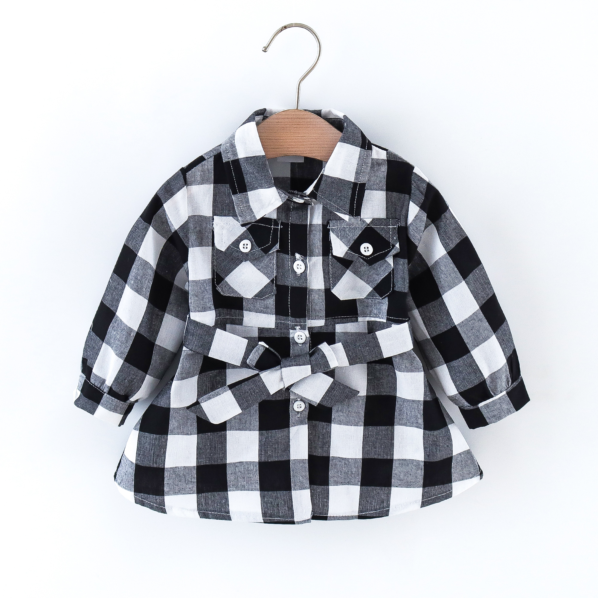 

Baby Girl Black and White Plaid Button Up Long-sleeve Belted Outwear