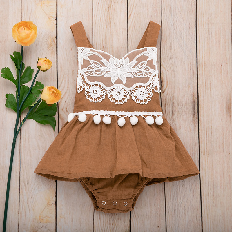 

Baby Embroidered Floral Pompon Decor Backless Bodysuit Dress