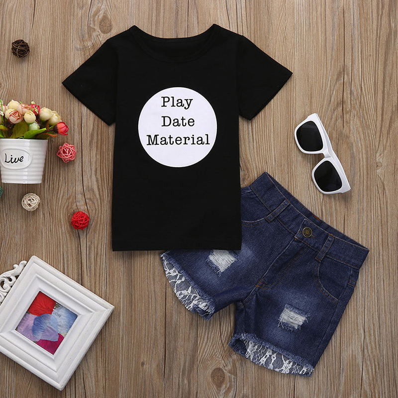 

Toddler / Kid PLAY DATE MATERIAL Print Tee and Ripped Denim Shorts Set