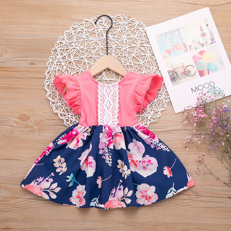 

Lovely Lace Decor Floral Print Flutter-sleeve Splice Dress for Girl
