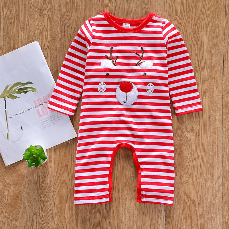 

Baby Christmas Style Deer Decor Red Striped Long-sleeve Jumpsuit