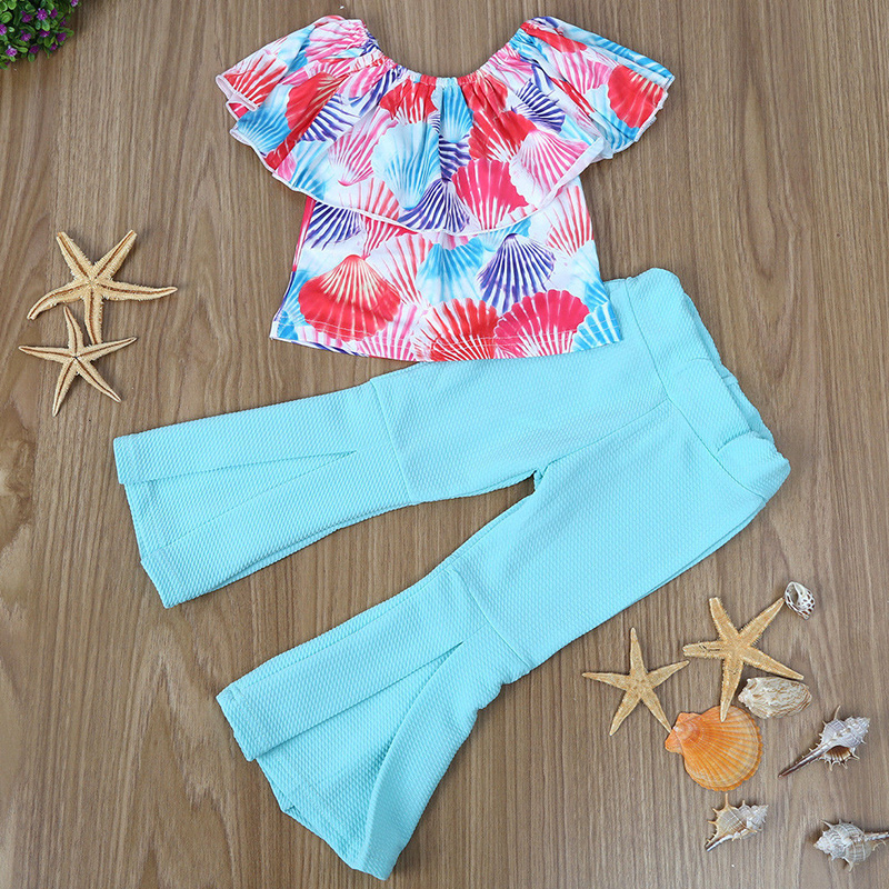 

Baby / Toddler Newest Shell Print Off Shoulder Top and Solid Bellbottom Pants Set