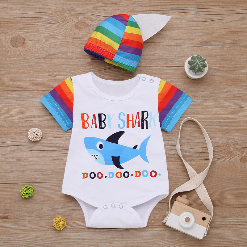 

Baby Cute Shark Print Short-sleeve Romper and Hat