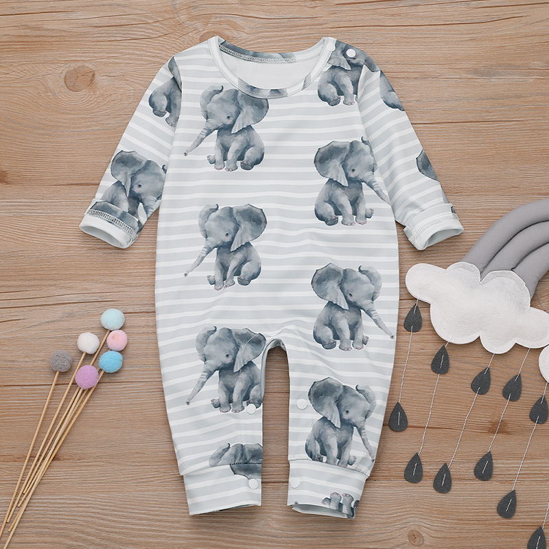 

Baby Stripe Style Elephant Allover Long-sleeve Jumpsuit