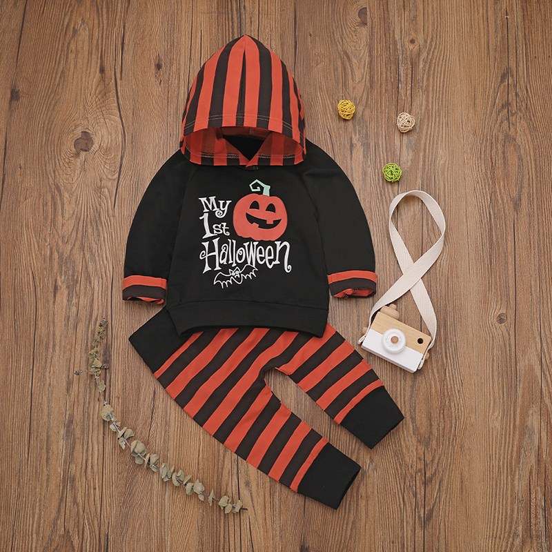

Baby Boy / Girl MY FIRST HALLOWEEN Print Hoodie and Striped Pants Set