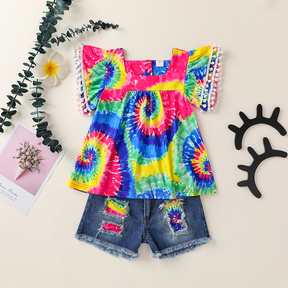 

2-piece Baby / Toddler Girl Colorful Tie Dye Top and Denim Shorts Set