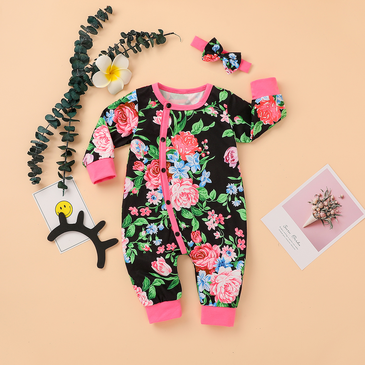 

2-piece Baby Floral Jumpsuit with Headband Set