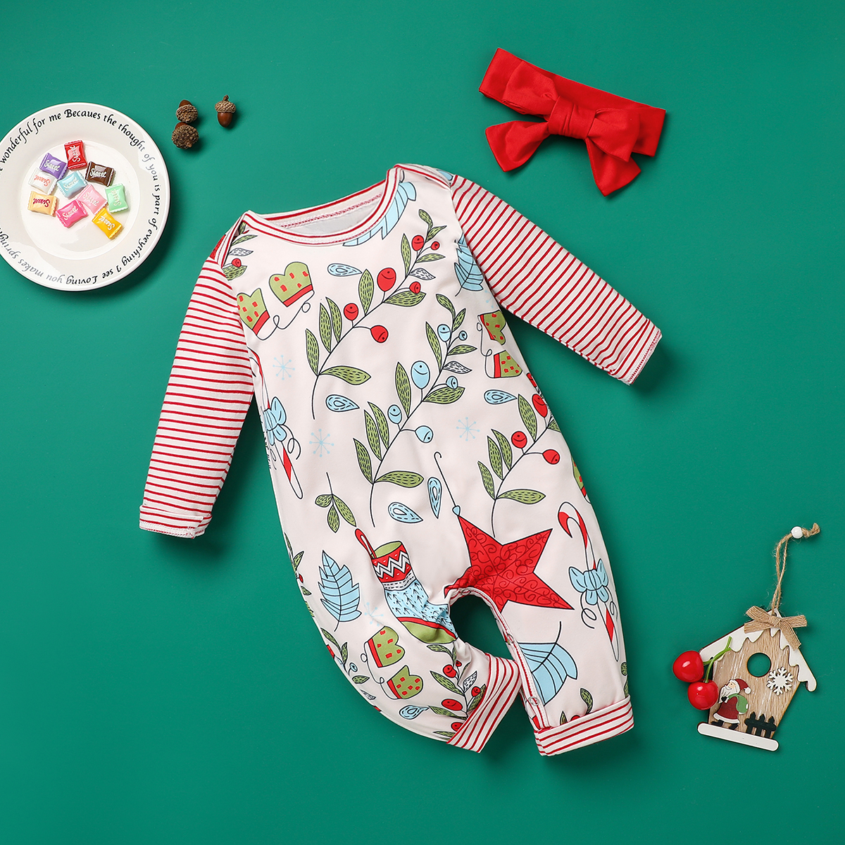 

2-piece Baby Christmas Striped Jumpsuit with Headband