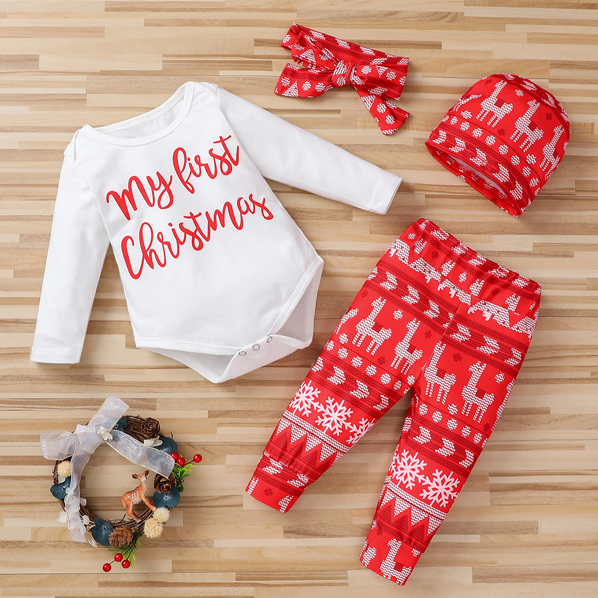 

4-pcs Christmas Newborn Baby Clothes Set Hat Headband Long Sleeve Tops Casual Pants Infant Clothing Outfits
