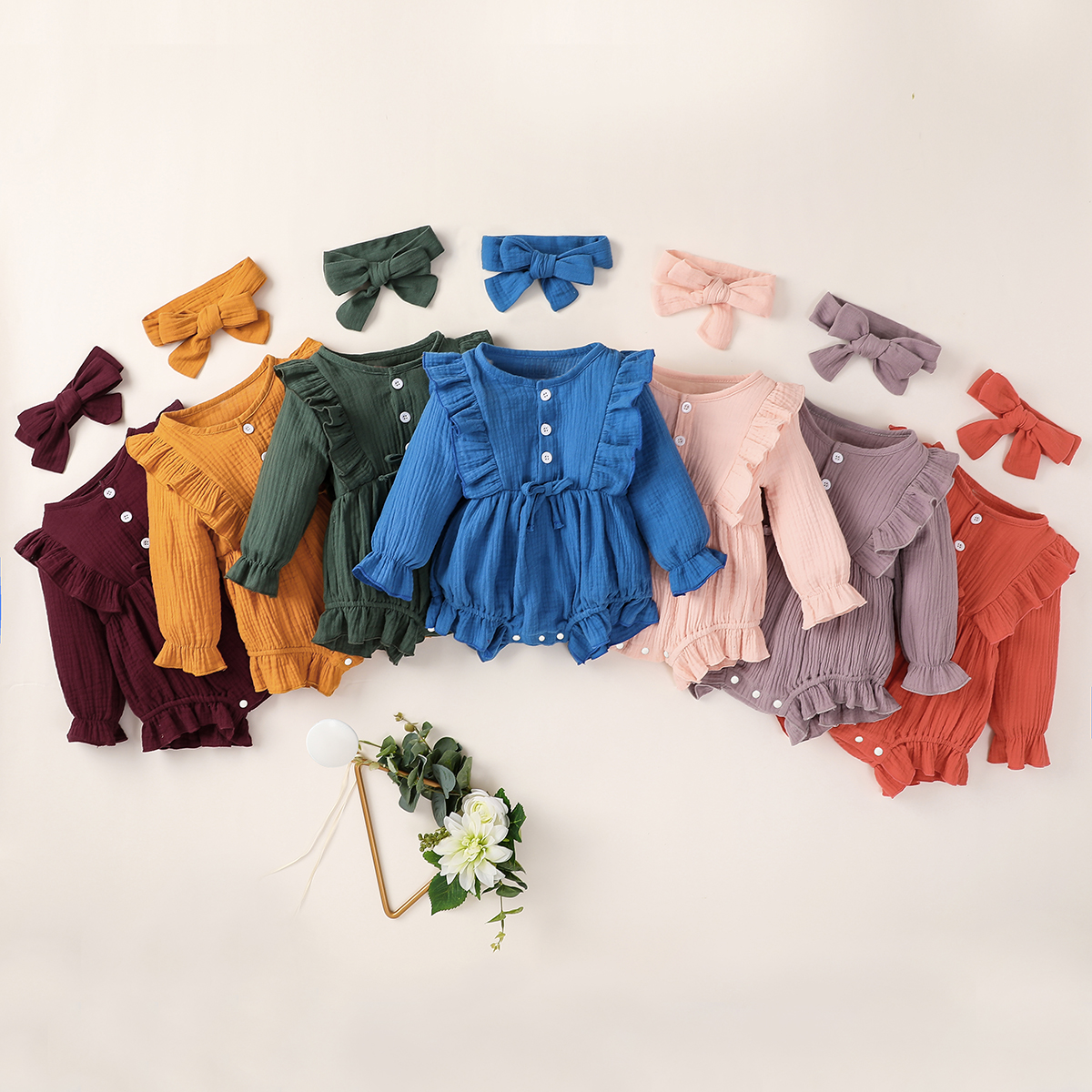 

Crepe 2pcs Solid Ruffle and Bow Decor Long-sleeve Baby Set
