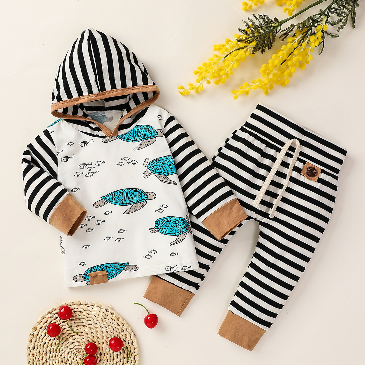 

Baby Boy Turtle Print Striped Hoodie and Pants Set