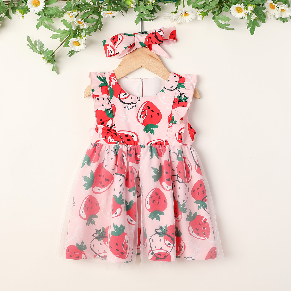 

2pcs Baby Girl Short-sleeve Strawberry Cotton Dress with Headband
