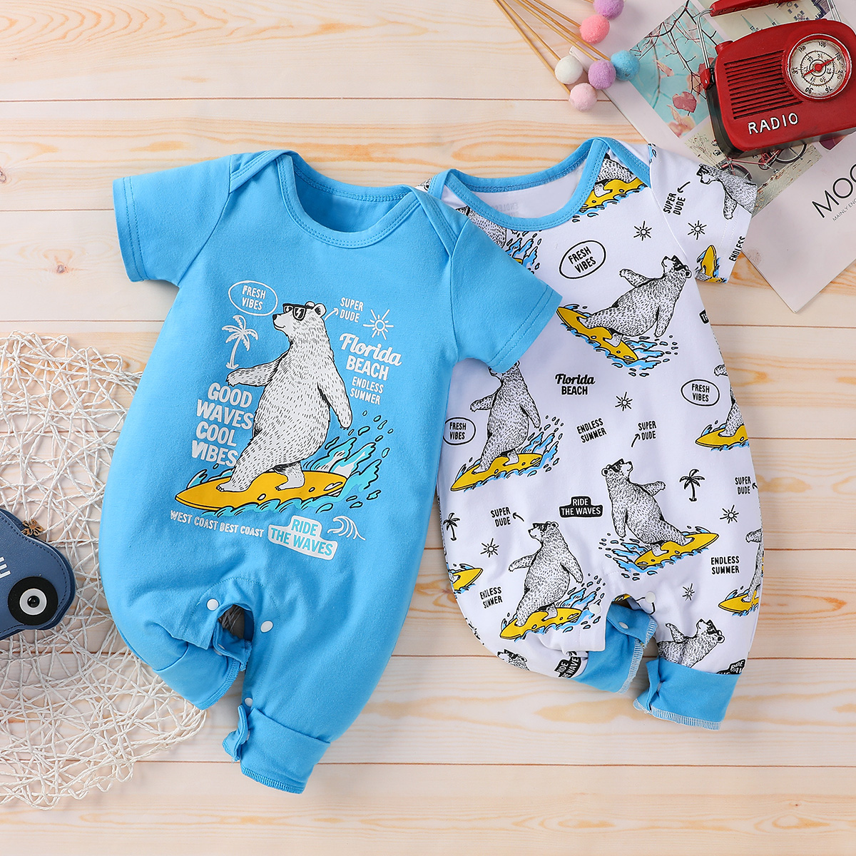 

Baby White Bear Print Short-sleeve Jumpsuit