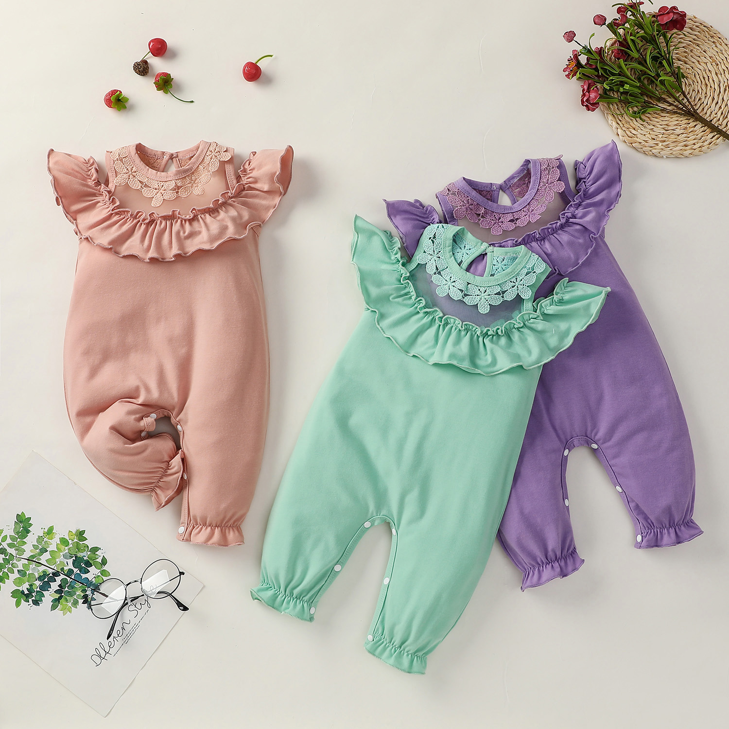 

Transparent Mesh Stitching Solid Color Baby Jumpsuit