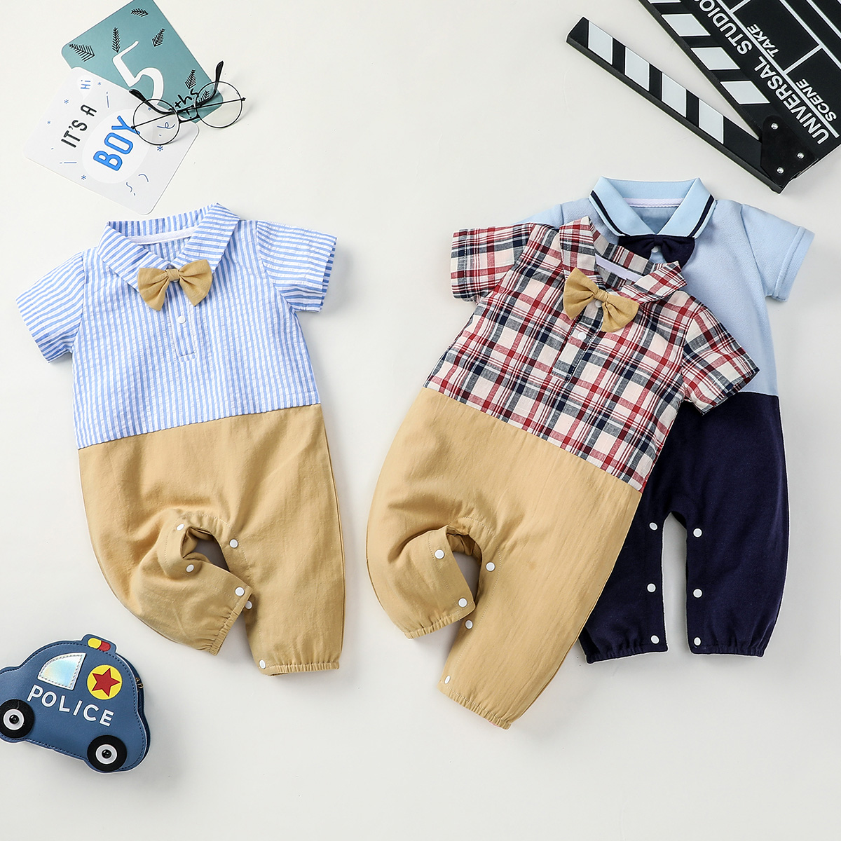 

100% Cotton Lapel Collar Short-sleeve Baby Onepiece Jumpsuit