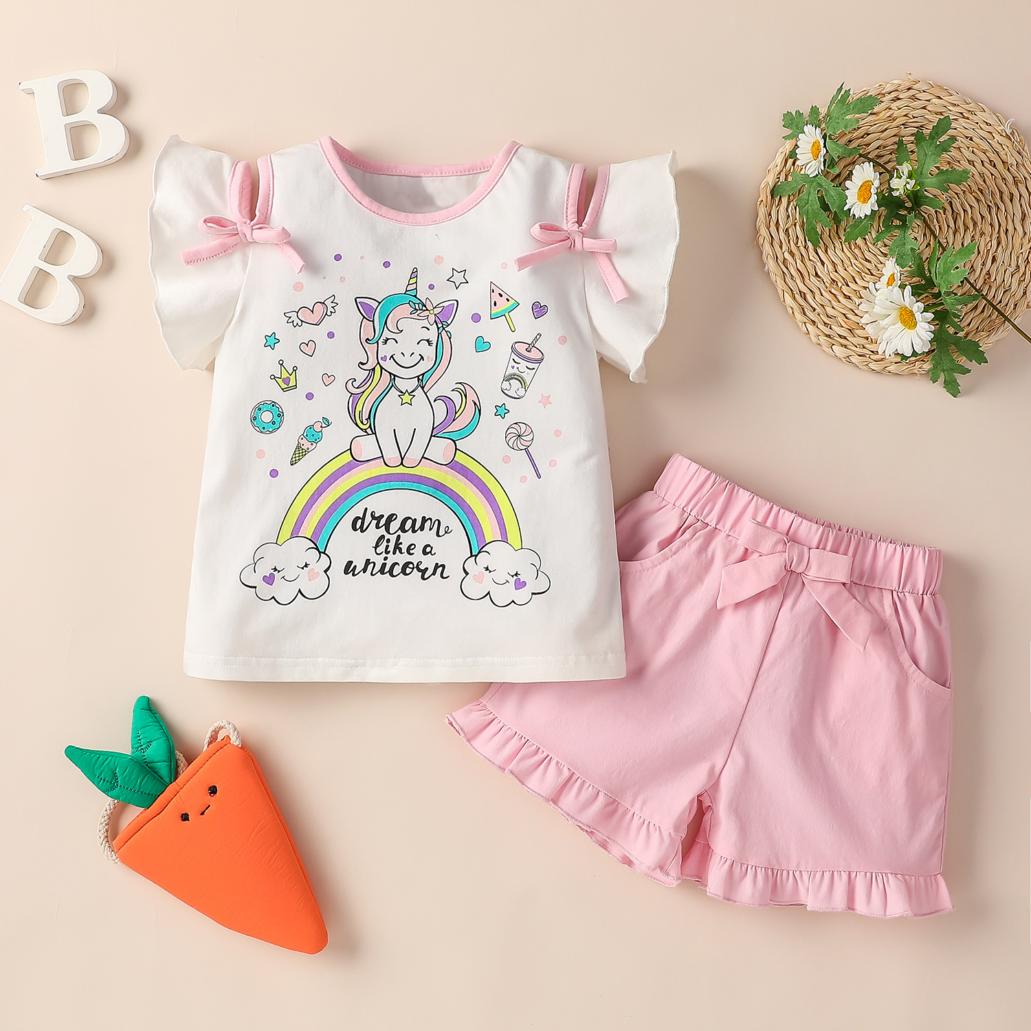 

2-piece Toddler Girl Unicorn Rainbow Letter Print Top and Casual Shorts Set