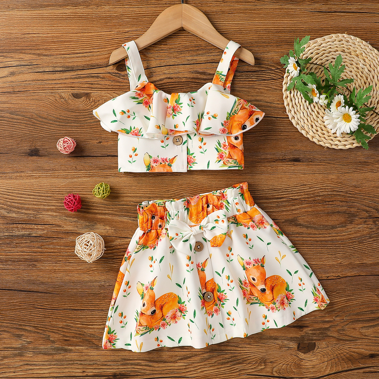 

2-piece Toddler Girl Deer Floral Print Camisole and Skirt Set