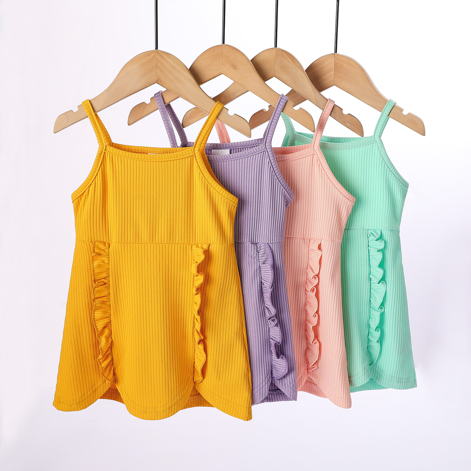 

Ribbed Solid Ruffle Decor Baby Sling Dress
