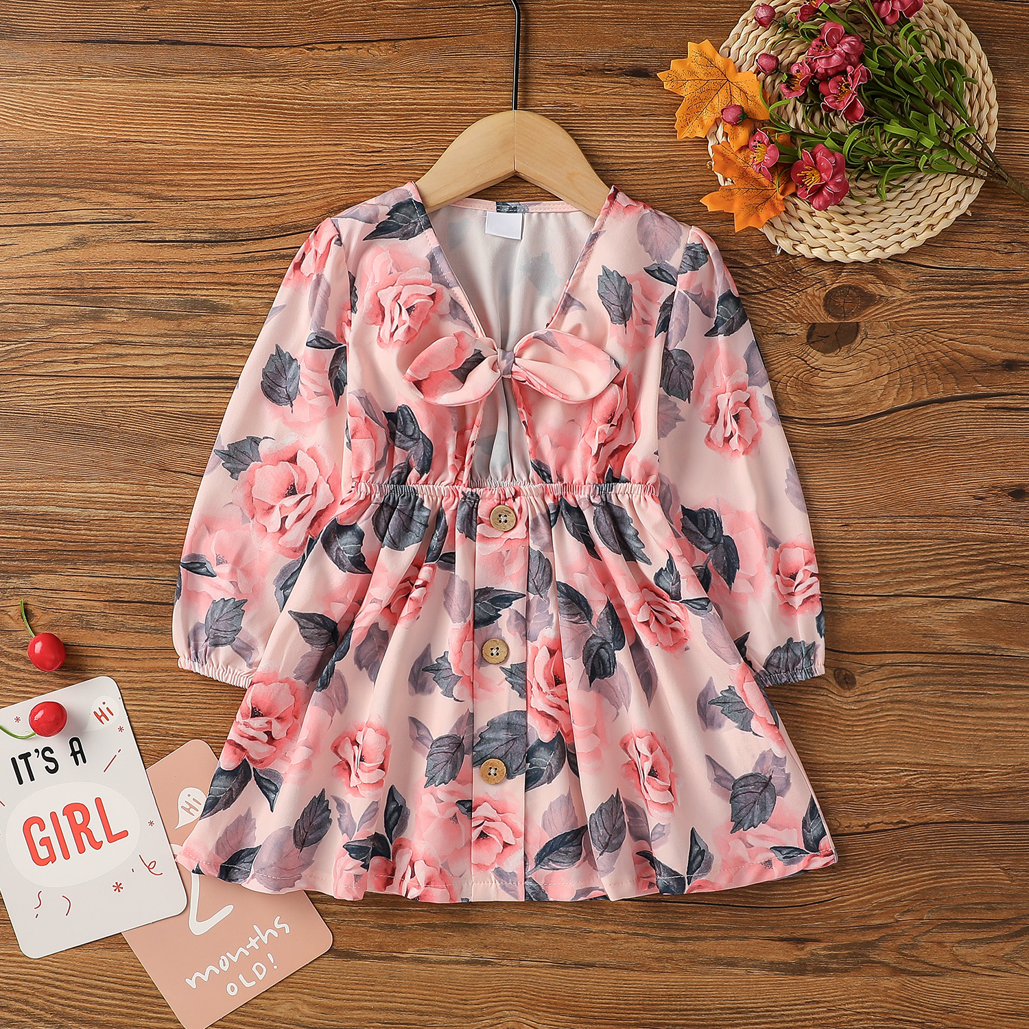 

Toddler Girl Floral Print V Neck Hollow out Bow Decor Long-sleeve Ruffled Dress