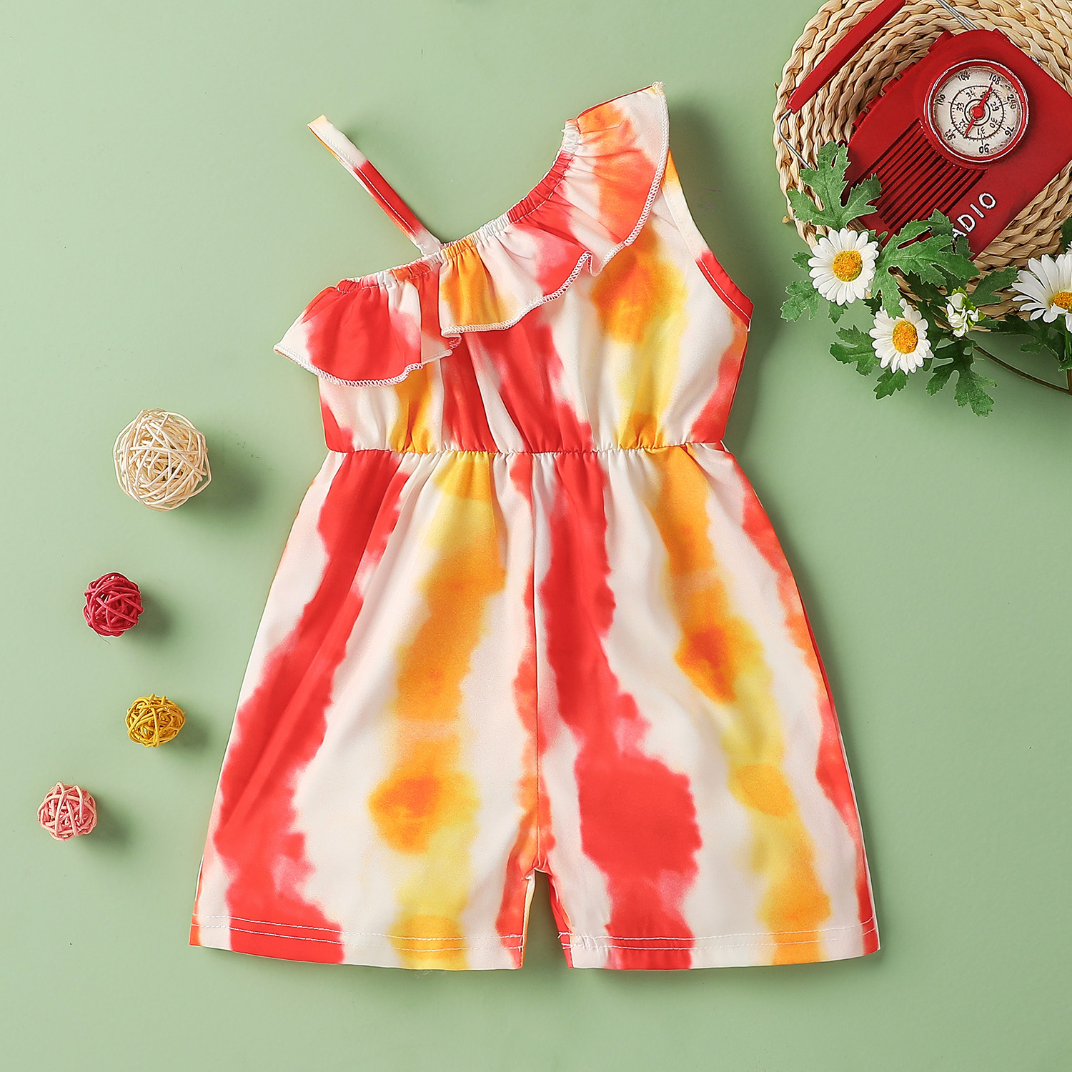 

Tie dye Ruffle Sling Sleeveless Baby Jumpsuit