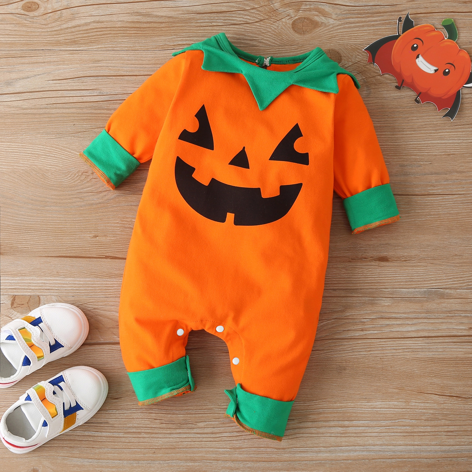 

Halloween Pumpkin Face Long-sleeve Orange Baby Jumpsuit