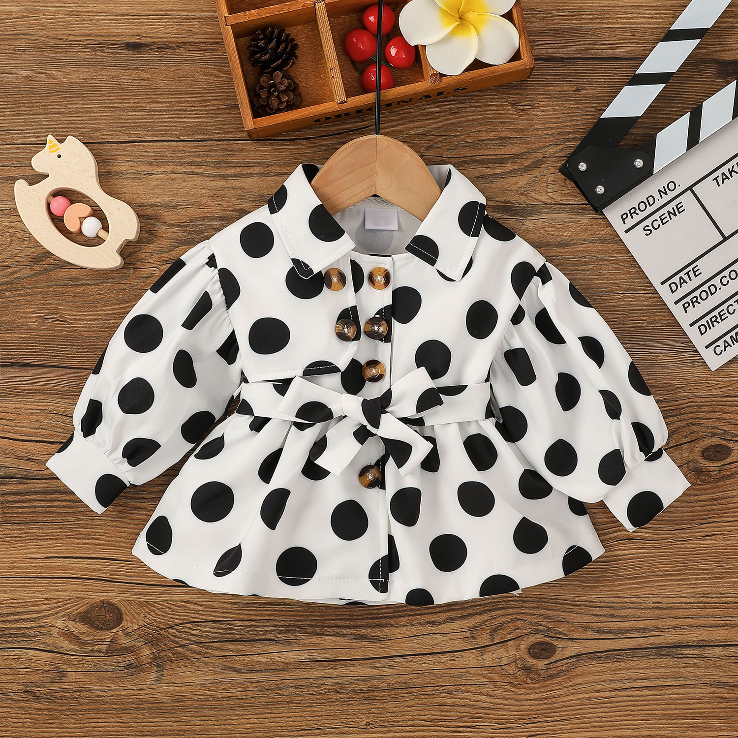 

Polka Dots Print Lapel Collar Long-sleeve White Baby Coat Jacket