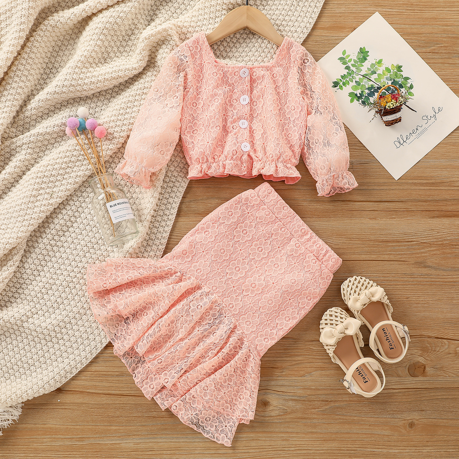 

2-piece Toddler Girl Lace Square Neck Button Design Ruffle Blouse and Mermaid Skirt Set