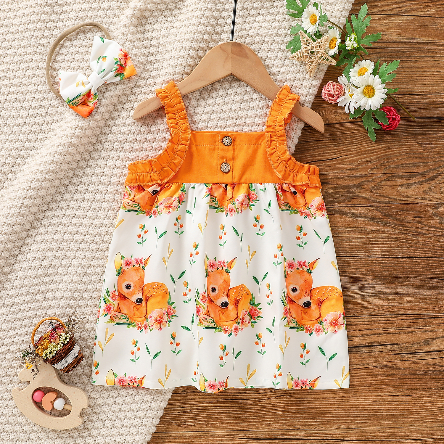 

2pcs Deer Floral Print Sleeveless Baby Set