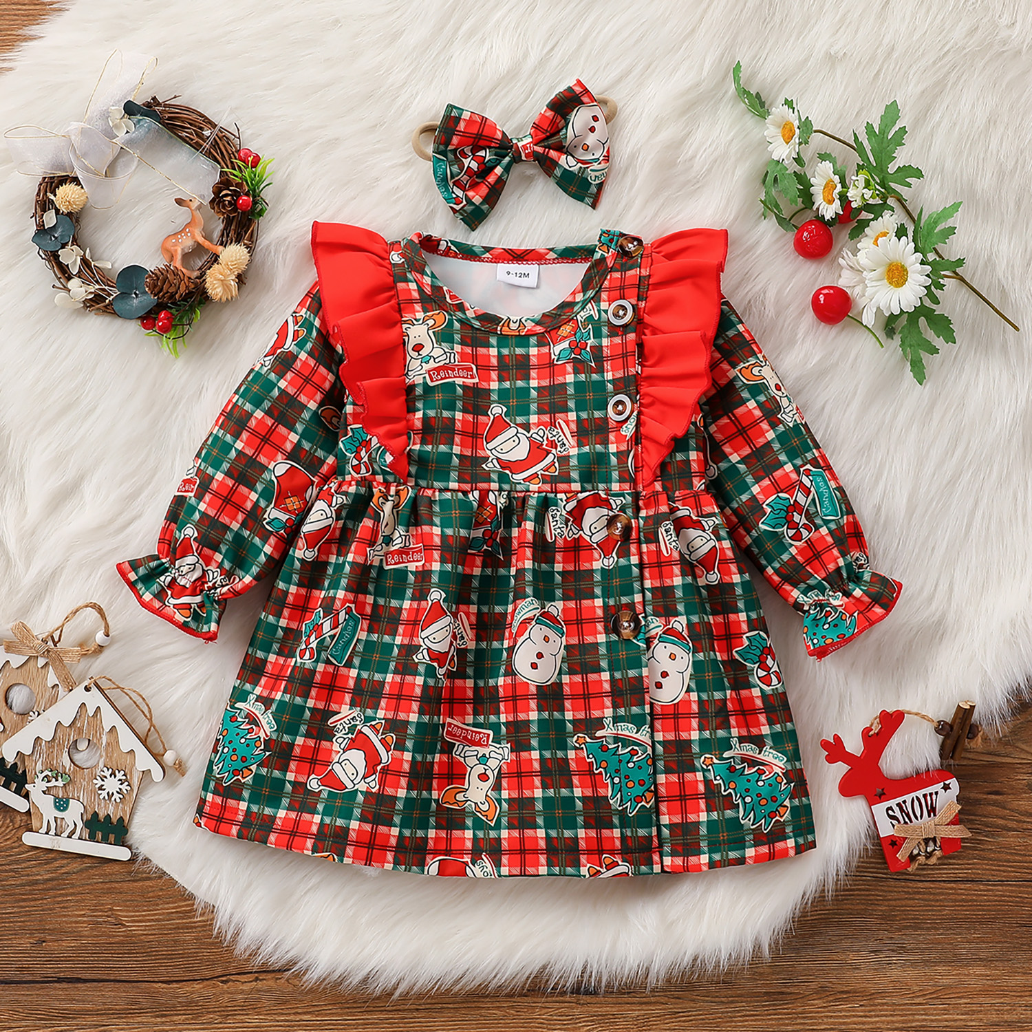 

2pcs Baby Christmas Red Plaid Print Ruffle Long-sleeve Dress Set