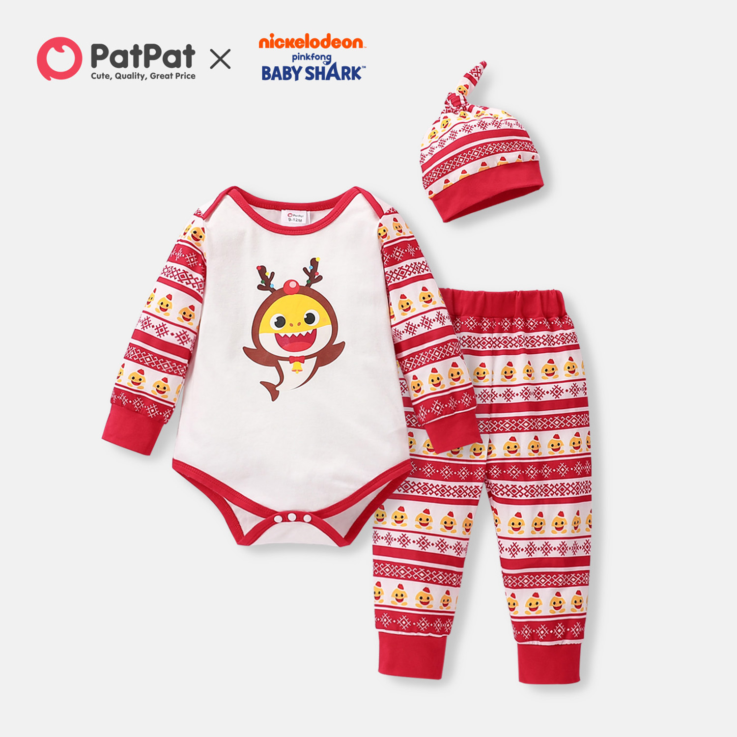 

Baby Shark 3-piece Baby Boy/Girl Christmas Bodysuit and Allover Pants Sets with Hat