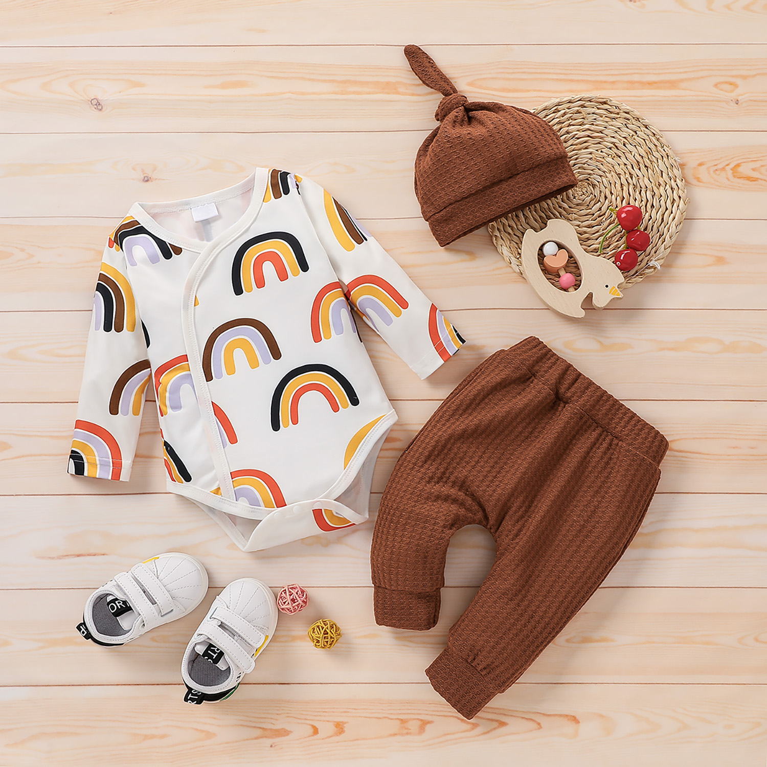 

3pcs Baby All Over Rainbow Print Long-sleeve Romper and Waffle Trousers Set