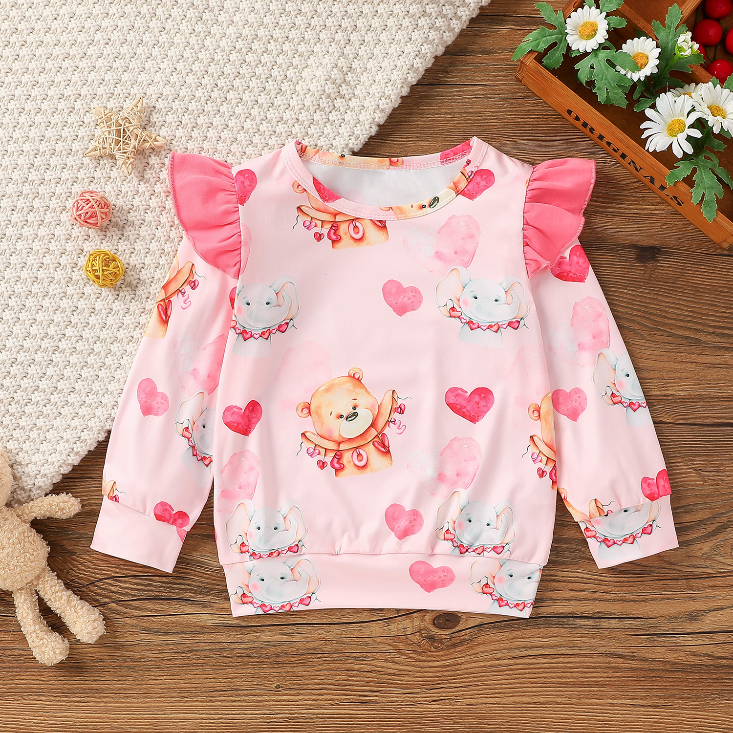 

Toddler Girl Cute Elephant Heart Print Ruffled Sweatshirt