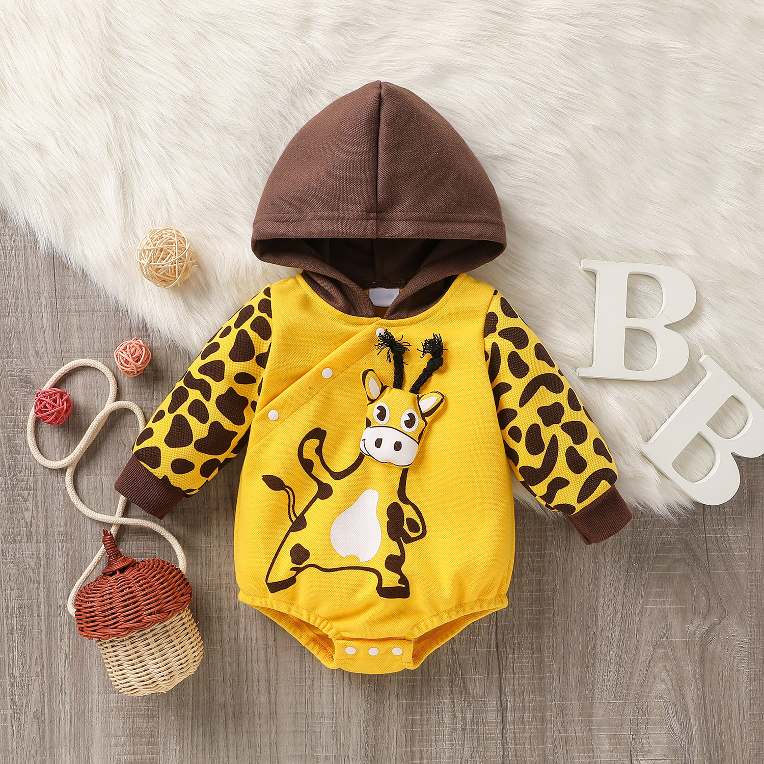 

Baby Girl/Boy Animal Print Colorblock Hooded Long-sleeve Romper